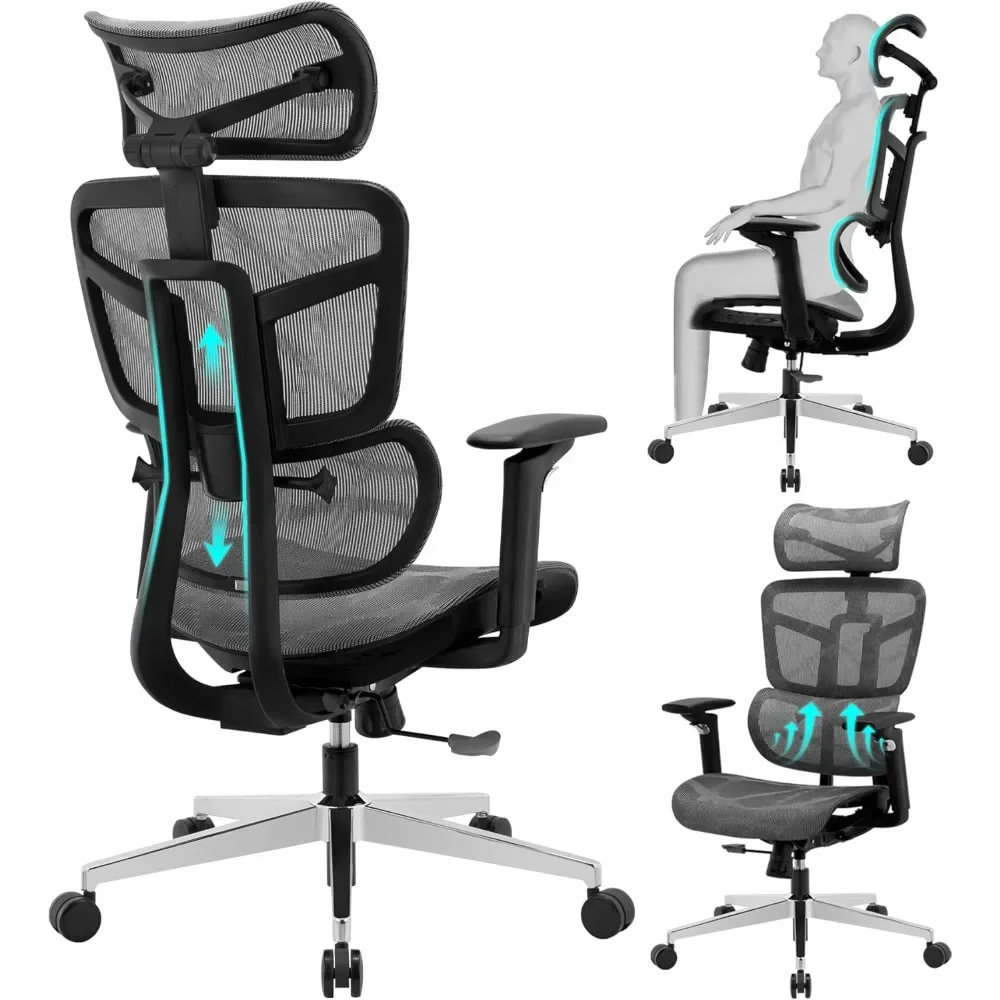 Sedia da ufficio ergonomica, sedia da ufficio con schienale alto, sedia da computer in rete grande e alta con supporto lombare/poggiatesta/braccioli 5D