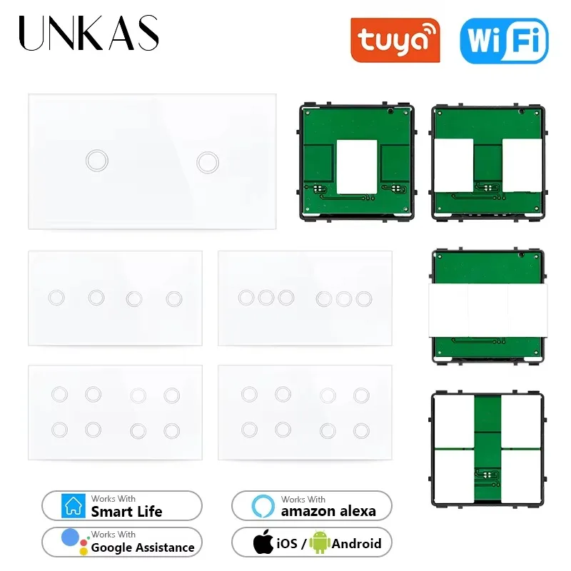 

Модули UNKAS DIY Бесплатная комбинация 2 3 4 5 6 групп Wi-Fi Стандарт ЕС Сенсорное включение/выключение Смарт-переключатель Белое стекло 157 мм Панельная розетка