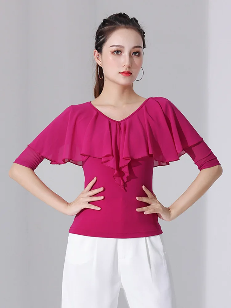 Ruffle Latin Dance Practice Waltz Top, camiseta de barriga feminina, salão monocromático, fantasia de jazz, Novo, 2023