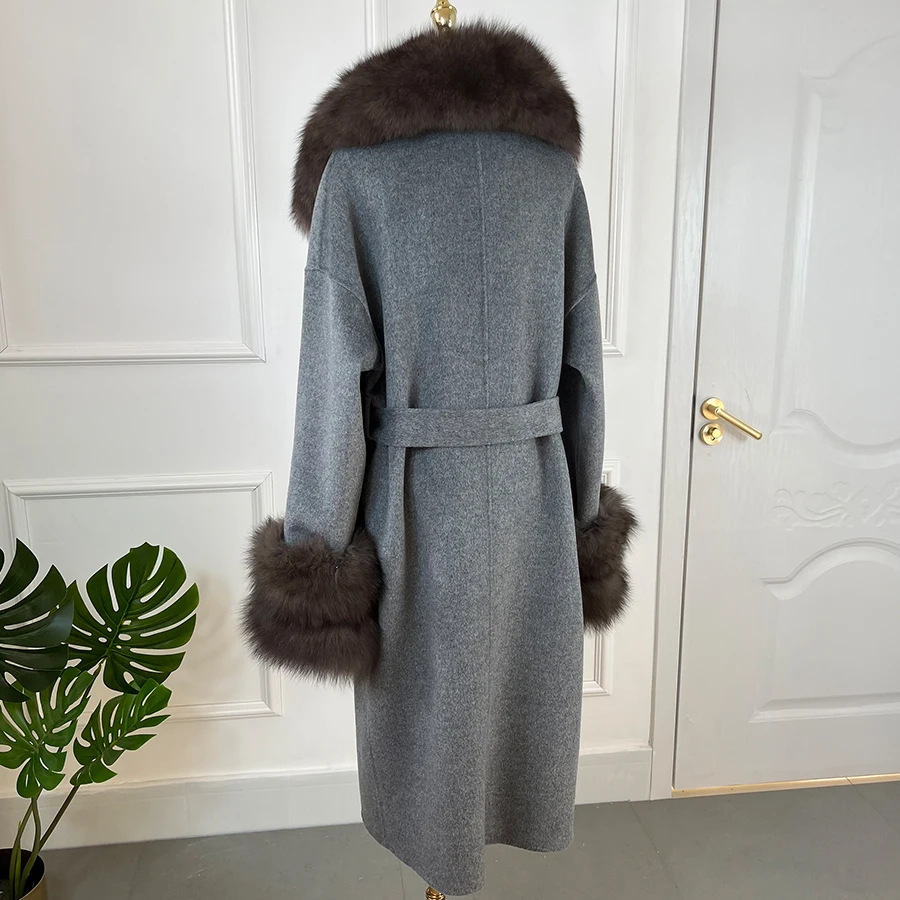 Women's Jacket Natural Fox Fur Jacket Winter Wool Blend Coat With Real Fox Fur Collar Cuffs Luxury Best Selling