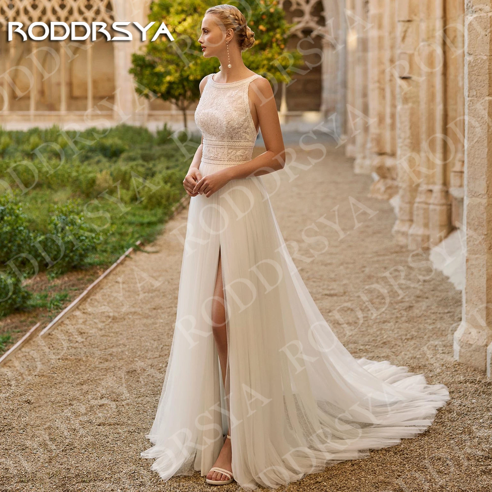RODDRSYA Boho Wedding Dresses Woman Sleeveless Lace Tulle Beach Open Back A Line Bridal Dress Customized Vestidos De Novia Boda