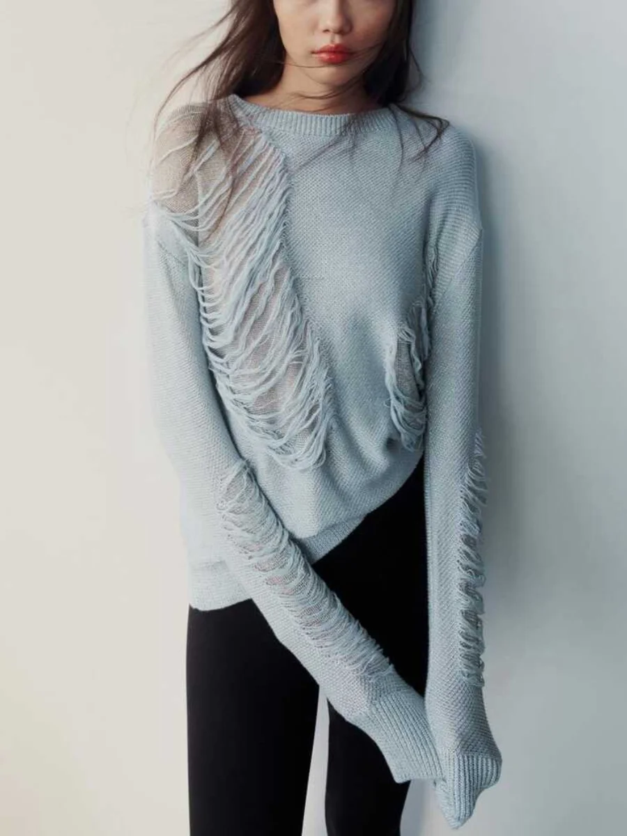 Nova Moda Primavera 2024 Suéter F de Malha de Manga Longa com Decote Redondo e Design Decorativo de Furos Confortável ...