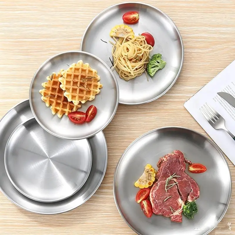 1Pc Stainless Steels Round Silver Shallow Tray Plate Rust-Proof 14/20/26/30CM Camping Plate BBQ Picnic Dishes Cookware