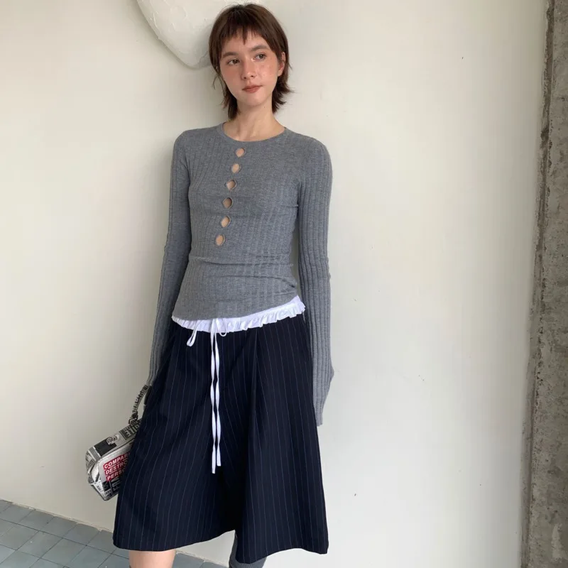 Sexy Hollow Out Basic Tee 2025 Colorful Wool Knit Short Sleeve Long Sleeve Tops Y2K Dopamine Dressing Sweet Girl Date Night Tops