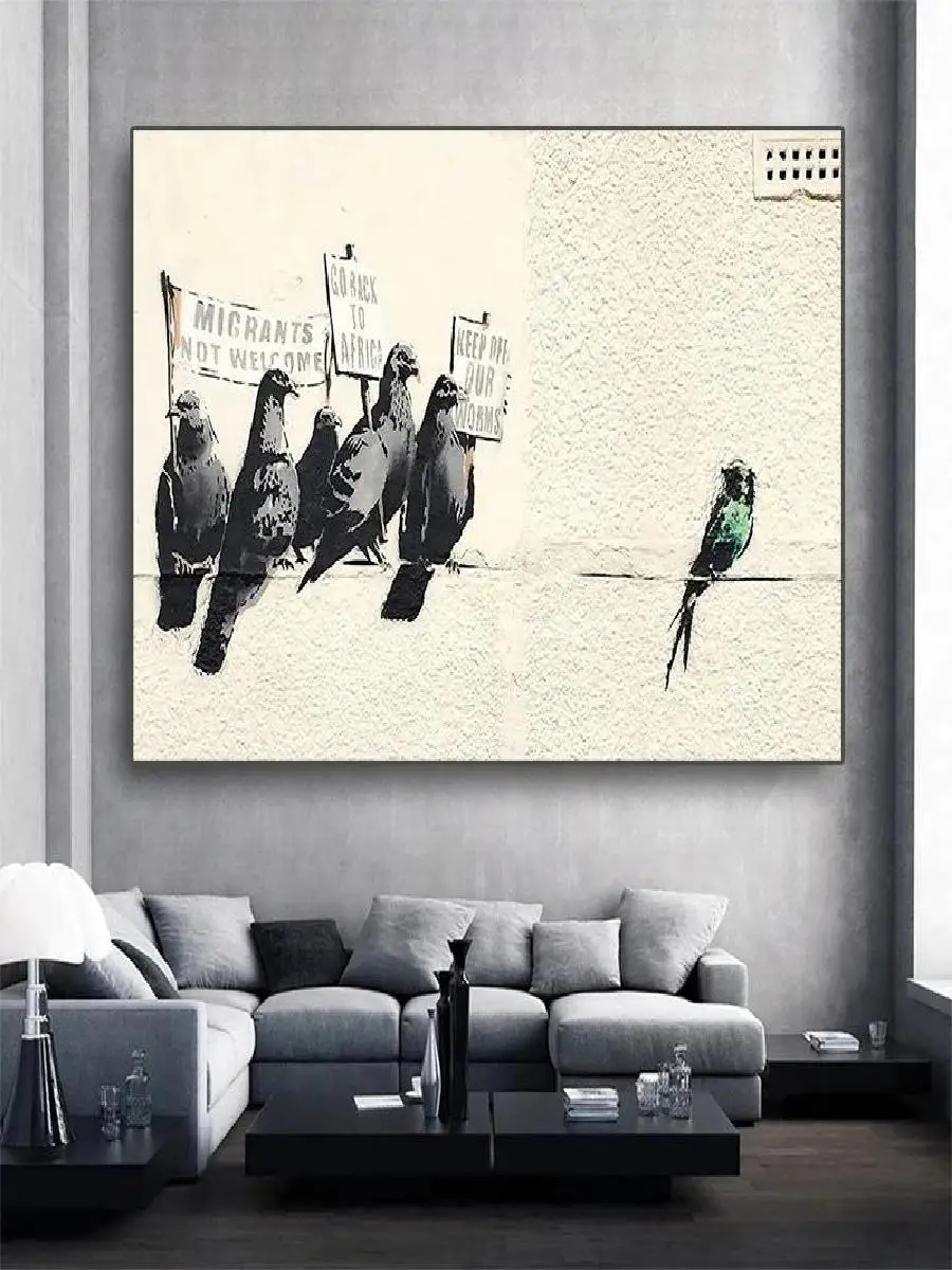 Banksy Style Street Art Racist Abstract Pigeons Canvas Painting  Modern Wall Art Prints for Living Room Home Decor