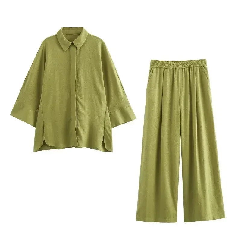 طقم علوي وبنطال أخضر غير رسمي فضفاض للنساء ، قمصان بصف واحد ، بنطلون مرن بساق واسعة ، بدلات نسائية ، الصيف ، قطعتان ،