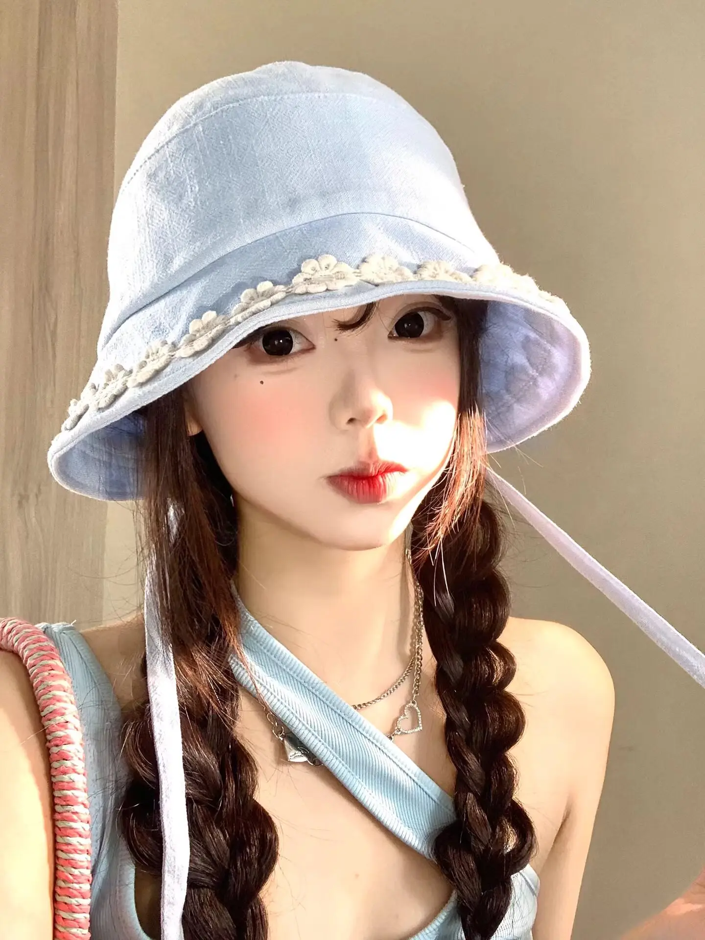 Sunscreen visor hat women's thin cotton and linen hat flower strap bucket hat breathable