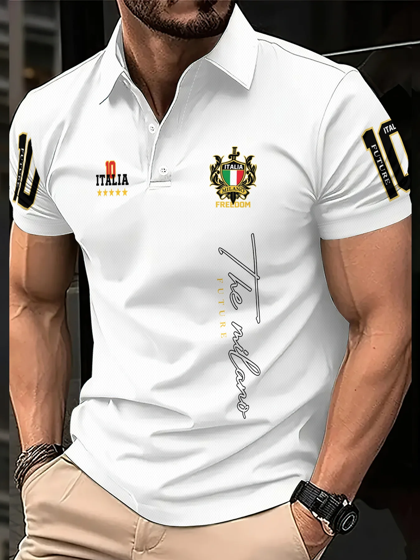 New men's short-sleeve polo shirt T-shirt, loose-fitting and tailored with printed patterns, versatile basic crew-neck top suita