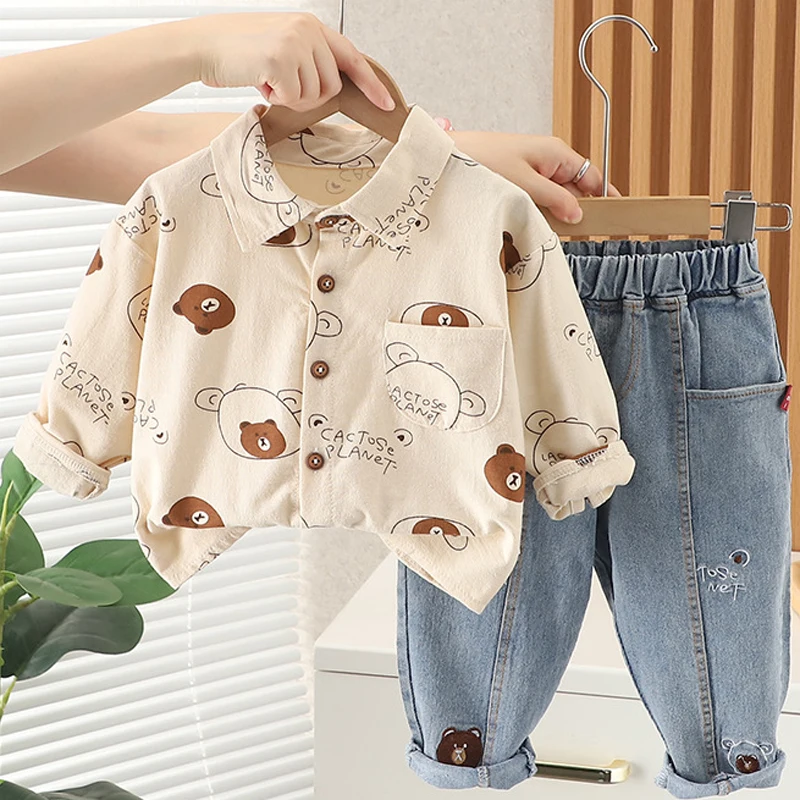 Baby Boys Fashion Clothing Set Autumn Spring New Full Print Cartoon Bear Long Sleeve Shirt+Jeans 2Pcs For 1-5Y Kids Casual Suit