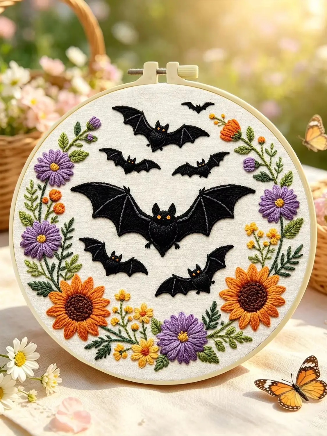 1 Set Fledermaus-Kranz DIY-Stickerei-Set für Anfänger, Stickerei-Starter-Kit, Kreuzstich-Kunstgeschenk, Nadelarbeiten – Detail 1