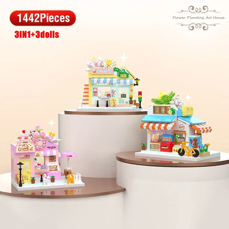 Street View Building Blocks with Light Restaurant Dessert House Bricks Kit Assemble Architecture Girls Model Kids Toy Children