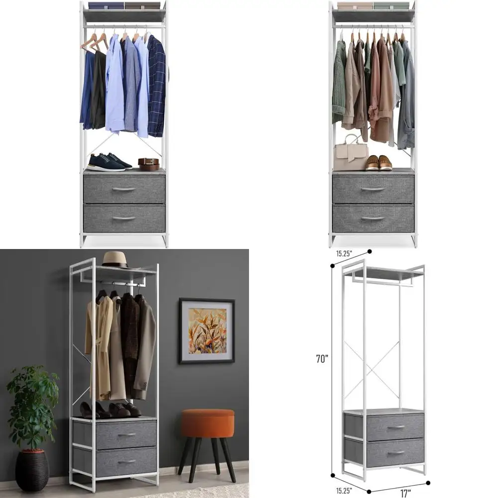 

Wooden Top Steel Frame Fabric Drawers Tall Closet Organizer - Garment Rack for Hanging Clothes and Dresses
