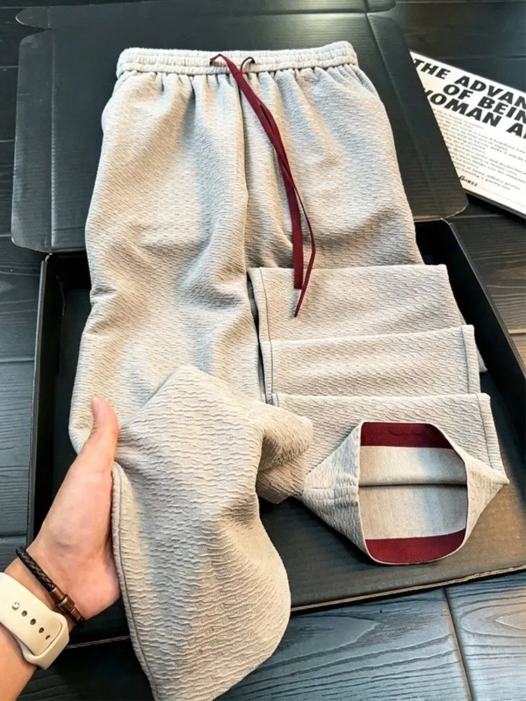 American Textural Contrast Color Splicing Casual Pants Men Summer Thin Hanging Breathable Straight Leg Loose Wide Leg Pants