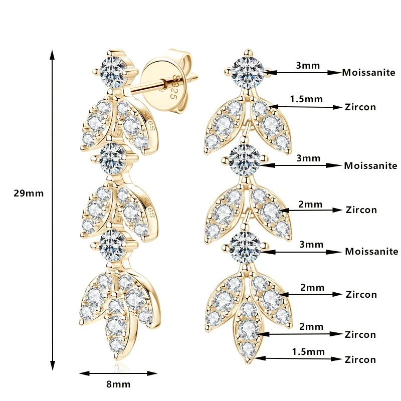 AINUOSHI 925 Sterling Silver Moissanite Earrings Leaf-Shape Drop Dangle Earrings for Women Anti-allergy Silver 925 Jewelry Gift