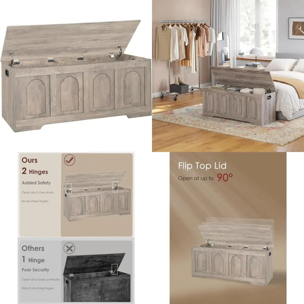 صندوق تخزين DINZI LVJ، صندوق ألعاب يشبه الروطان 47.2 مع مفصلين أمان، مقعد تخزين خشبي للمدخل مع جزء علوي قابل للطي، صندوق كبير #1