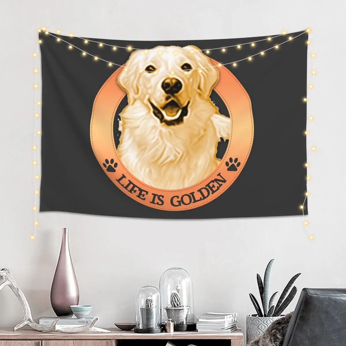 Life Is Golden Retrievers Tapestry Art Wall Hanging Aesthetic Home Decoration Tapestries for Living Room Bedroom Dorm Room