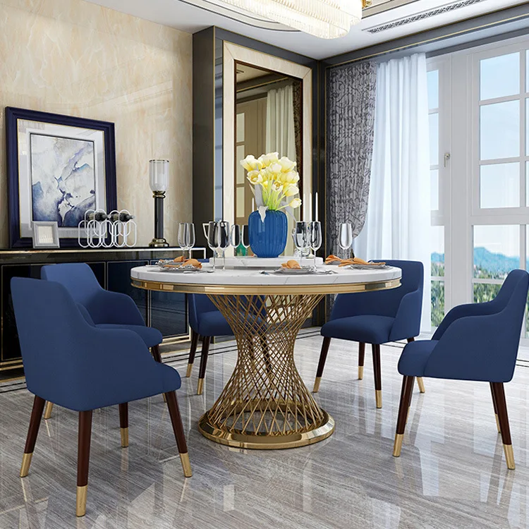 Luxe léger, marbre, table à manger ronde et chaises, combinaison, moderne, simple, salon, ménage, acier inoxydable