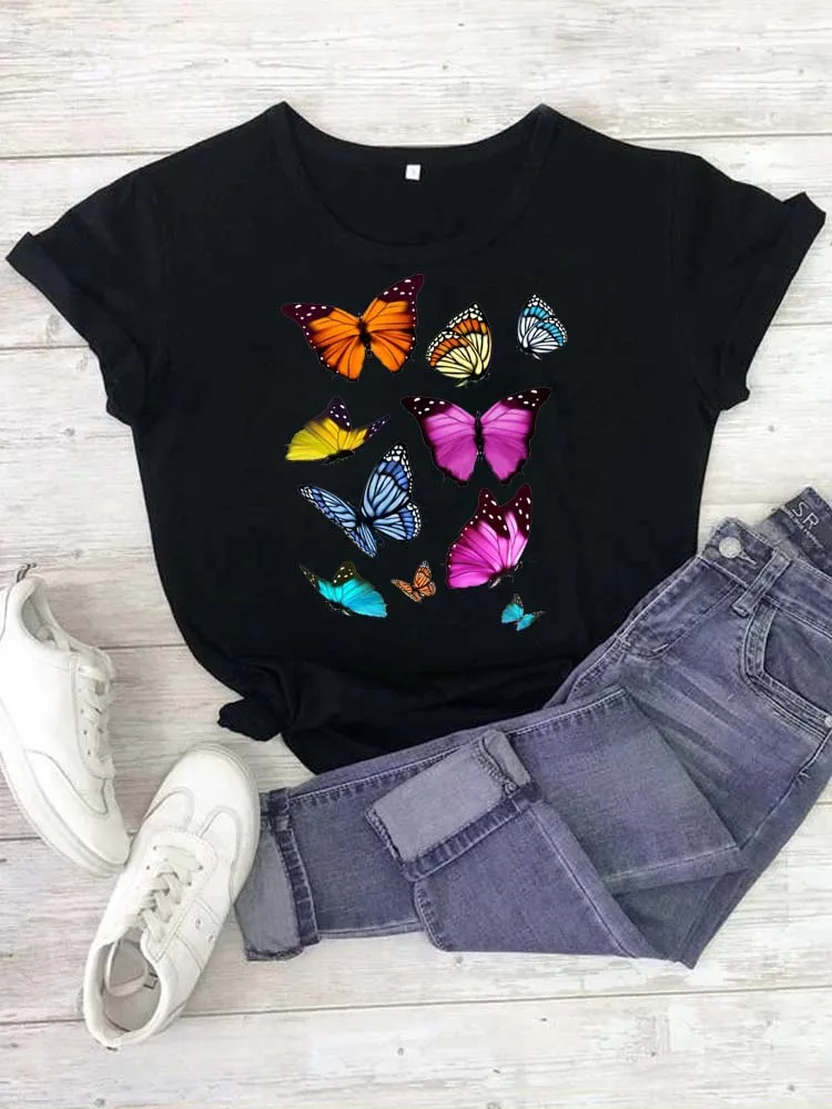 Maycaur Women Lady Cartoon Butterfly Heartbeat Printed T Shirt Summer Female Clothes Tshirt Womens Top Cartoon Graphic Tops Tees