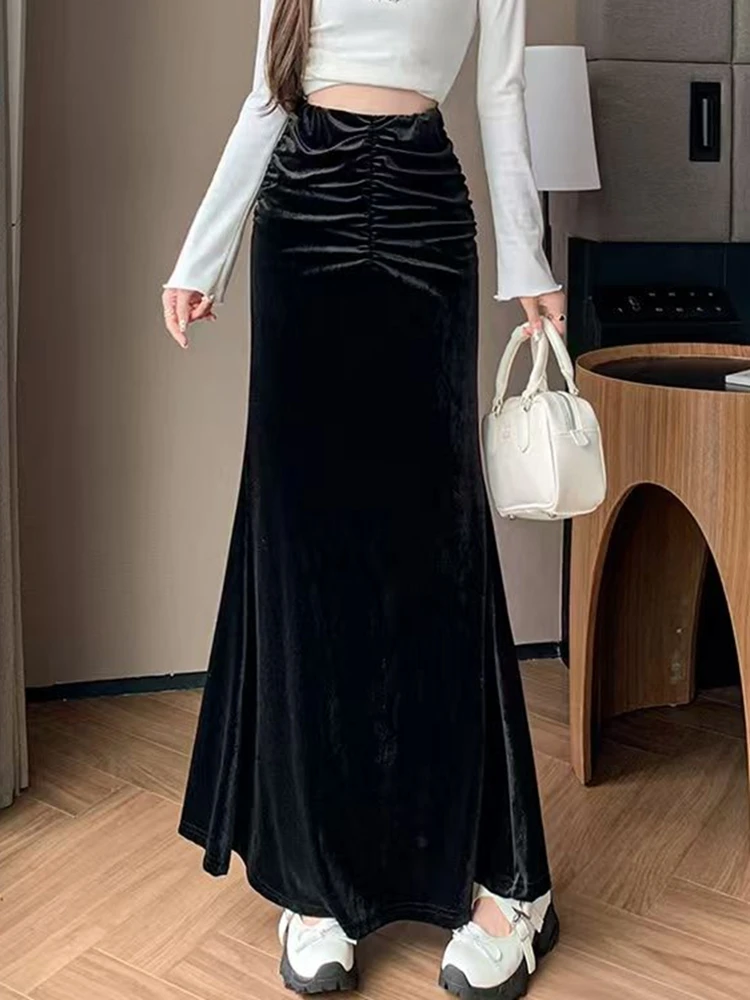 

Elegant Long Black Velvet Skirts Women Autumn Winter Korean Y2k Clothes Slim Ladies Streetwear Mid Length Bodycon Flare Skirt