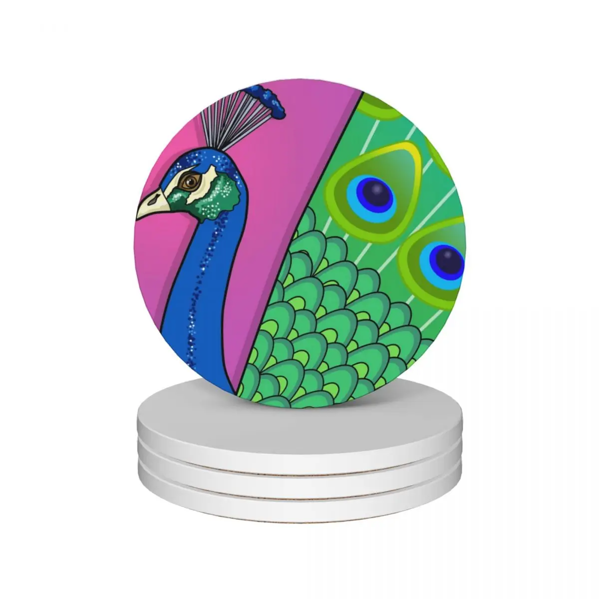 

Peacock Graphic with Pink Background by Russ Iden Art Ceramic Coasters (Set of 4) bulk cup holder for coffee mugs Coasters