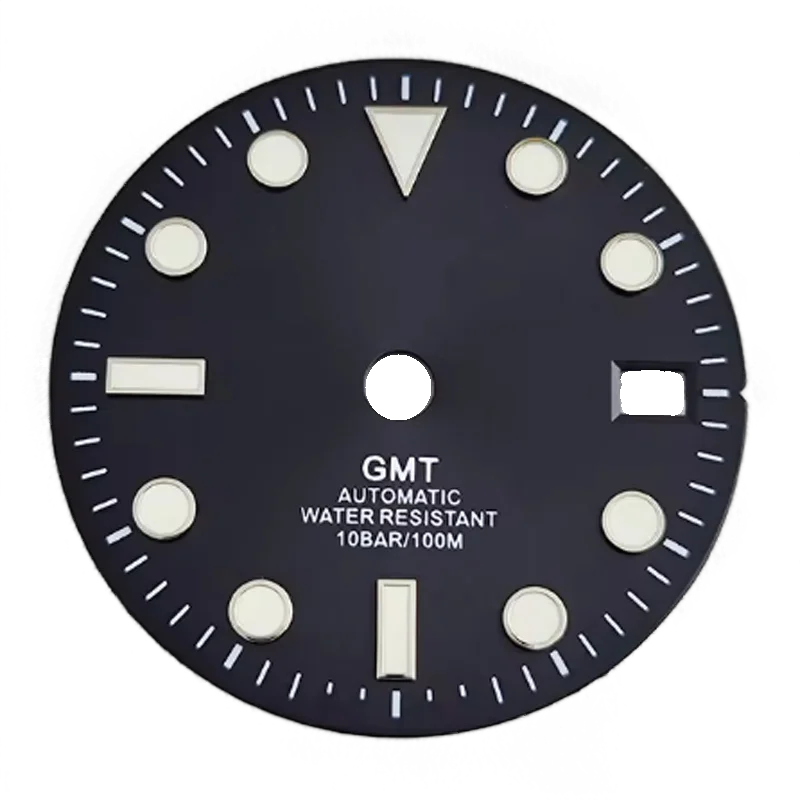 28.5mm gmt relógio dial rosto apto para movimento nh 34 35 36 movimento direito brilho noturno acessórios único calendário logotipo personalizado