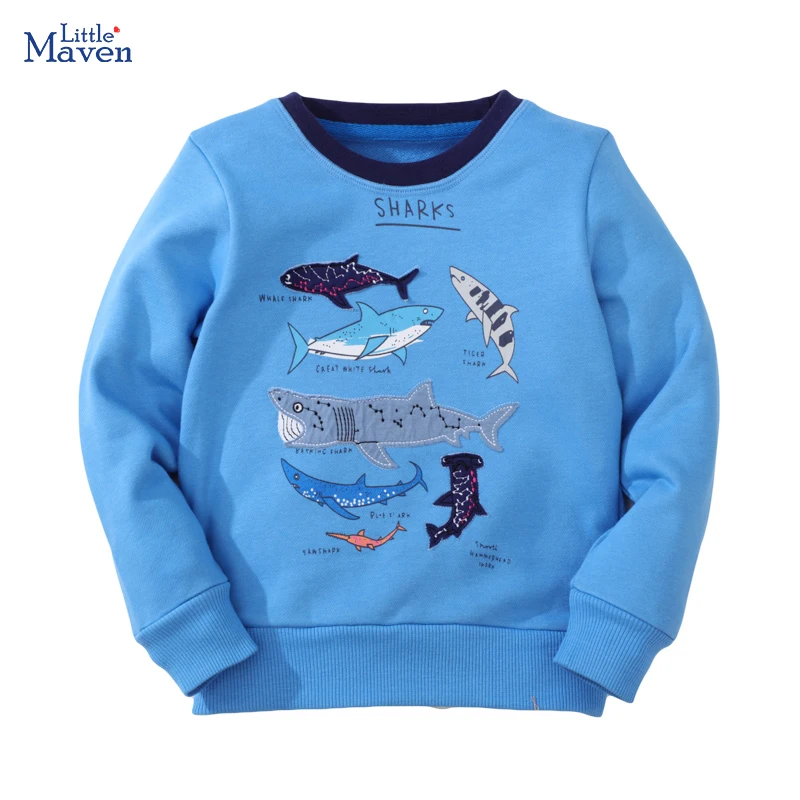 Little Maven Autumn Tops Hoodies Children\'s Clothing Kids Clothes Baby Boys Outerwear Blue Cartoon Sea Sharks Sweatshirt