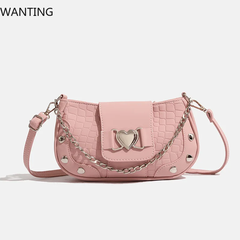 

Fashion Women's Shoulder Bag 2025 New Hot Girls Crossbody Bags Pink PU Punk Style Rivet Women Chain Bag WZ108