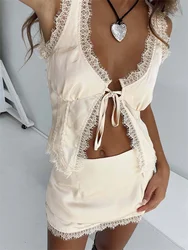 Ensemble jupe deux pièces en dentelle pour femme, haut court coupe couvertes, mini jupe taille basse, tenue de fête sexy, vêtements de cheminée, 2 pièces