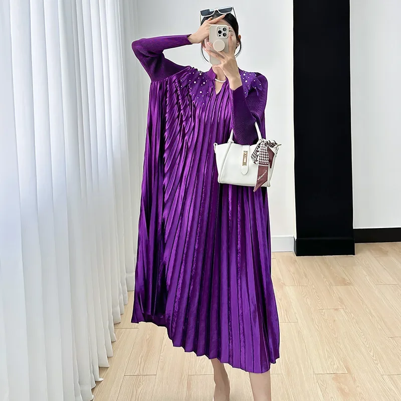 Miyake High-end Loose Dress 2023 Autumn and Winter New Fashion Pleated Temperament Aging Elegant Evening Dresses Women Clothing