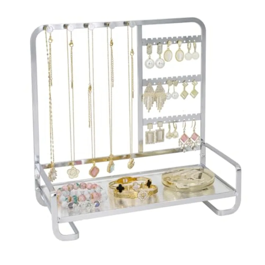 Jewelry Organizer Stand Metal Jewelry Rack with Acrylic Tray Necklace Storage Holder Fashionable Display Stand for Rings, Earri