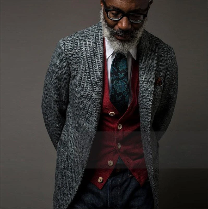 

Темно-серый мужской твидовый пиджак с узором «елочка», однобортный пиджак с лацканами, повседневное спортивное пальто, свадебные куртки для жениха и выпускного вечера