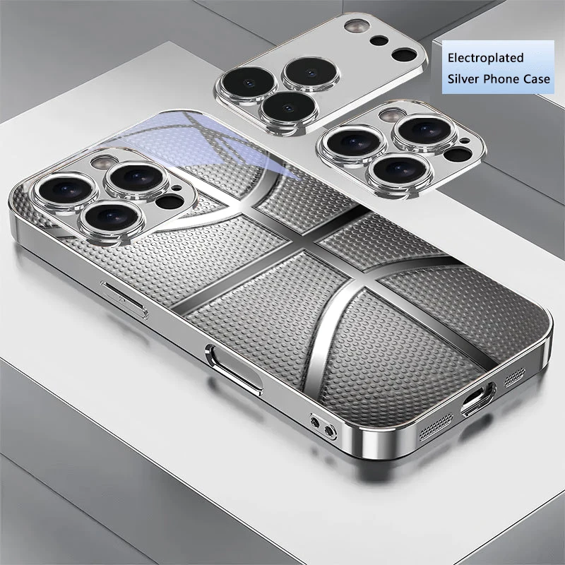 Basketball Texture Electroplated Silver Phone Case For iPhone 18 17Air 17 16 15 14 13 12 11 Pro Max Plus 16E Xr 7 8 Glass Cover