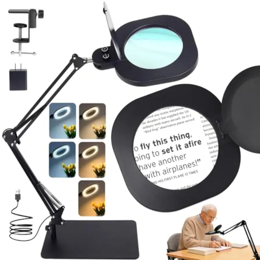 

10x Magnifying Glass with Light: 2-in-1 Magnifying Lamp with Light and Stand - Stepless Color and Brightness Desk LED Clamp Lam