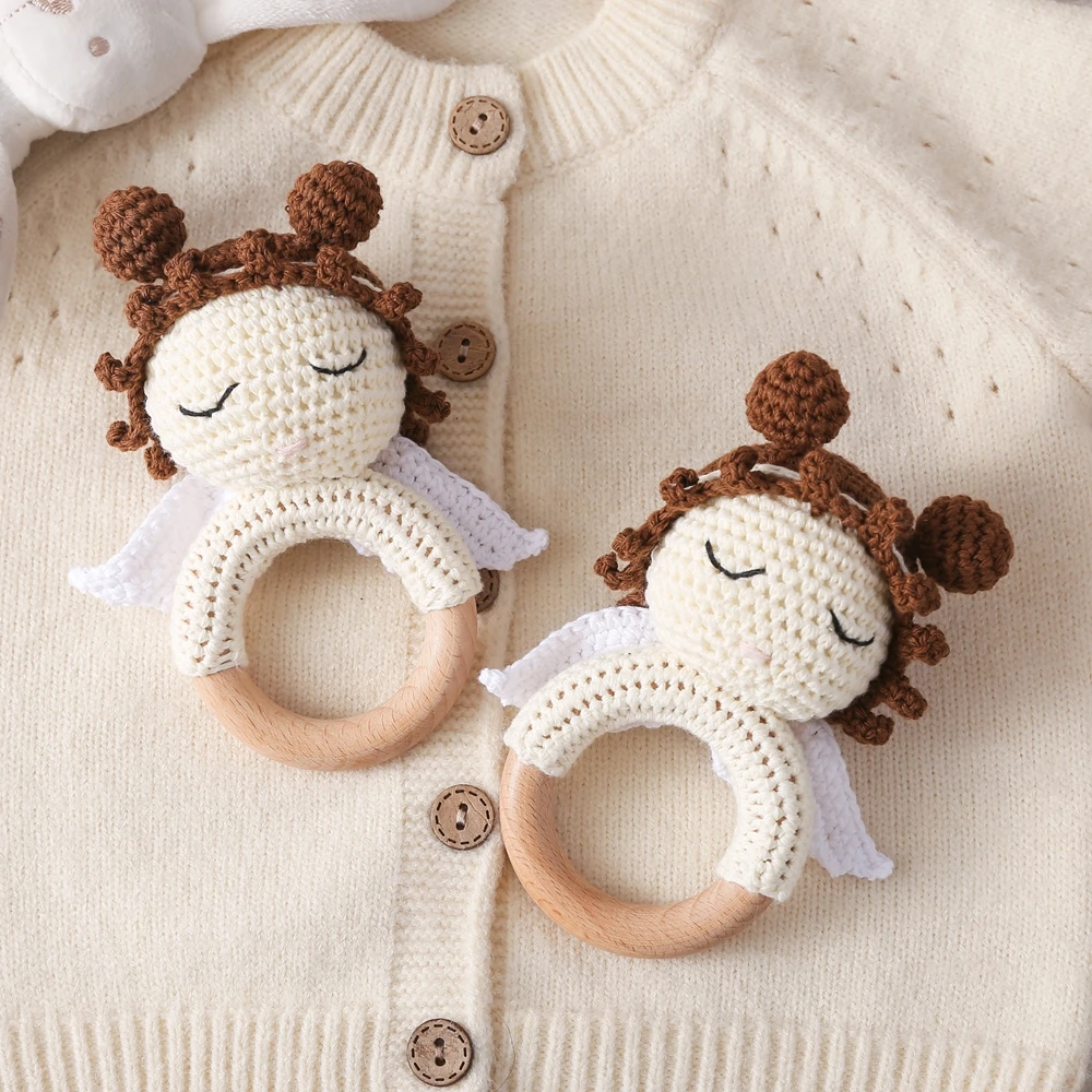 1PC Crochet Animal Bear Rattle Toys Soother Music Hand Bell Wooden Teether Ring Baby Rattle Mobile Pram Angel Crib Wooden Toys