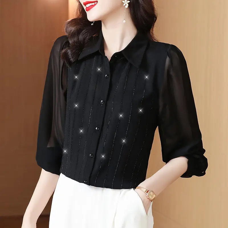 Fashion Female Bright Silk Vintage Button Shirt 2023 Spring New Commuter Elegant Polo-Neck Long Sleeve Solid Women\'s Blouse