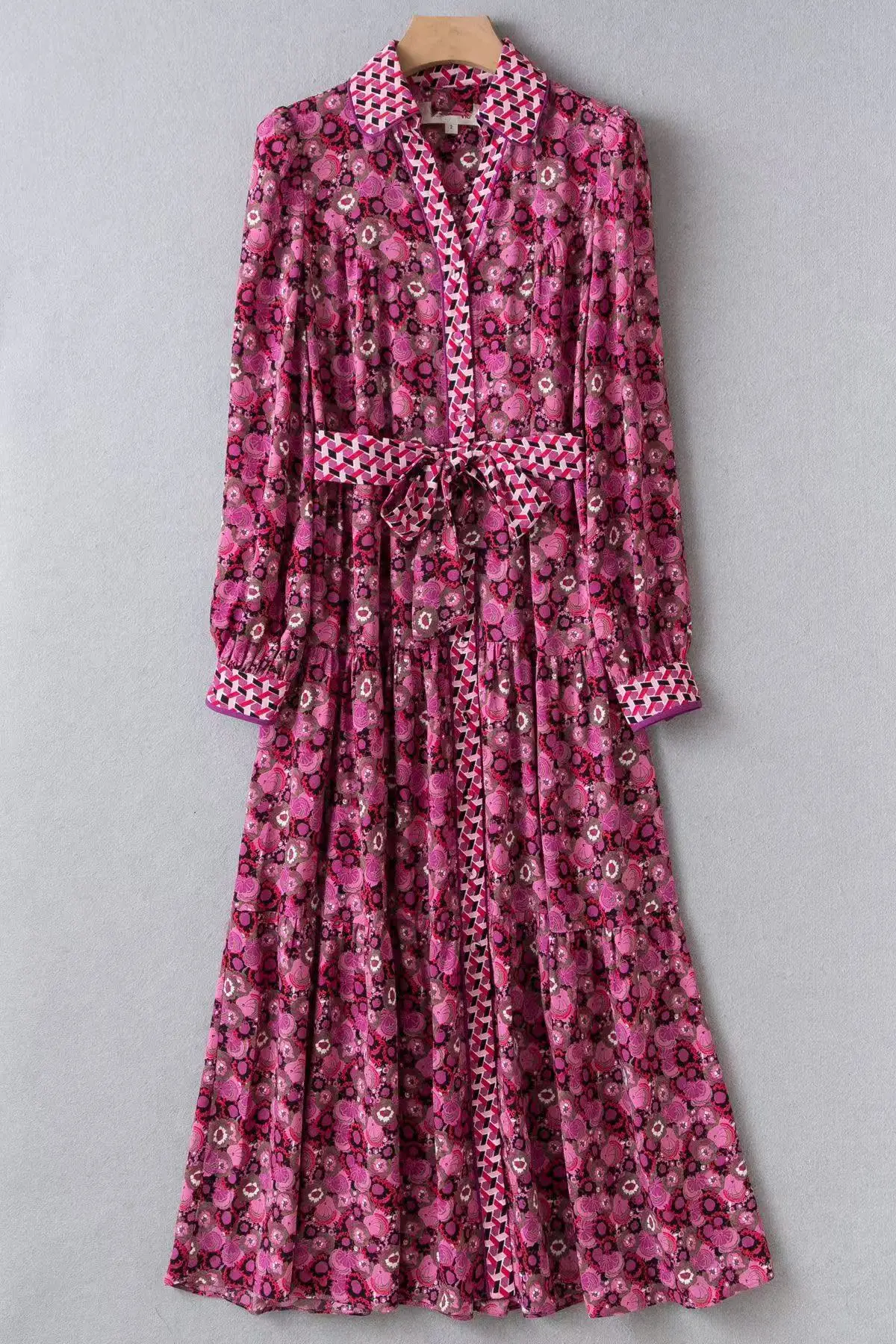 Lavender Blossom Collection | Purple Floral Print Maxi Dress | V-Neck Button-Front Long Sleeve Dress | US2-US8