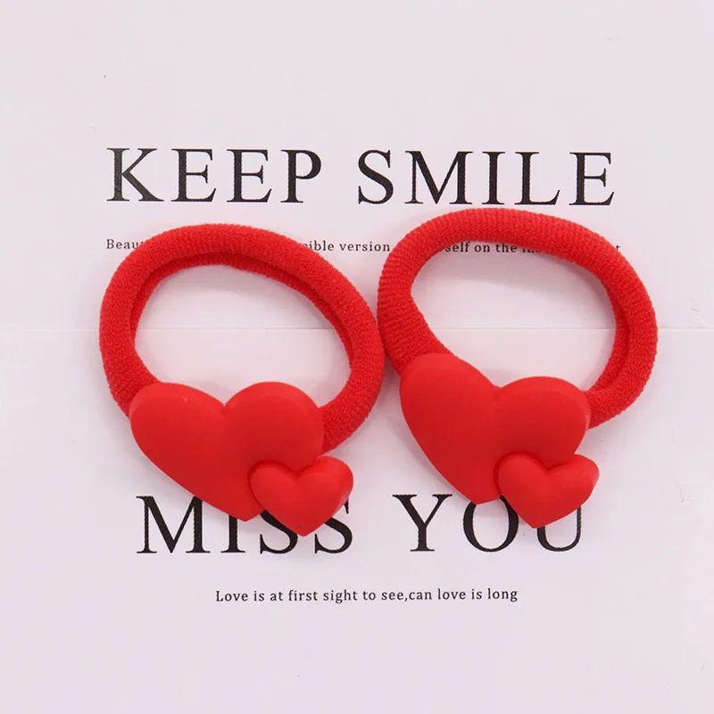 2Pcs/Set Red Heart Shaped Hair Accessories Children Rubber  Bands Scrunchies Elastic  Hair Bands Girls Headband Decorations Ties