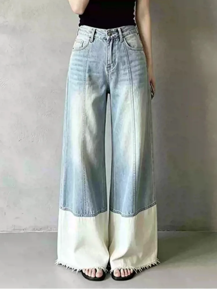 ANJY Spring Autumn New Women Washed Distressed Loose Chic Tide Patchwork Design Jeans Vintage Casual Wide Leg Denim Pants A24289