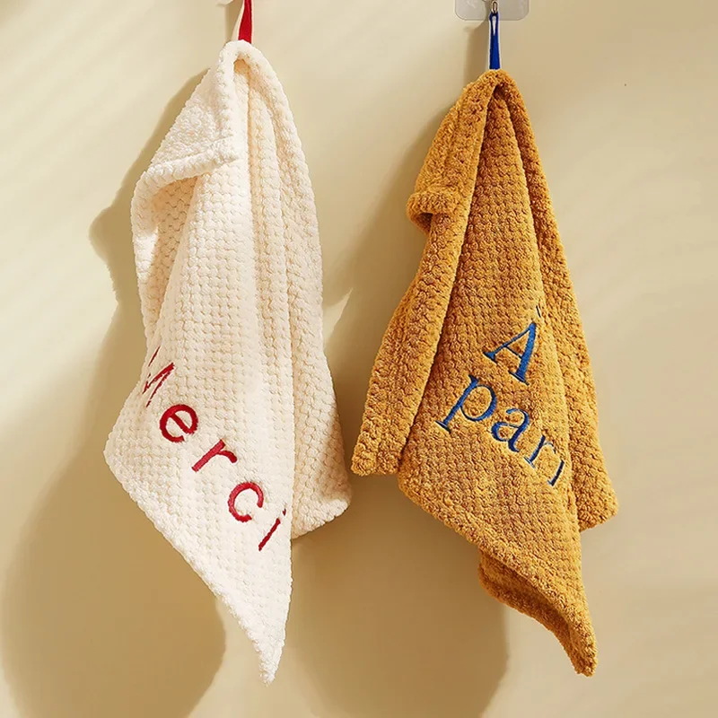 Nordic Hanging Hand Towel Home Embroidery Thickened Coral Velvet Absorbent Small Towel for Kitchen Bathroom Hankerchief