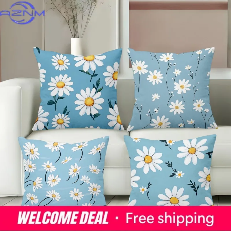 Blue Daisy Patterned Cushion Covers for Home Decor Polyester pillowcase, sofa decorative cushion cov Headboard Pillow