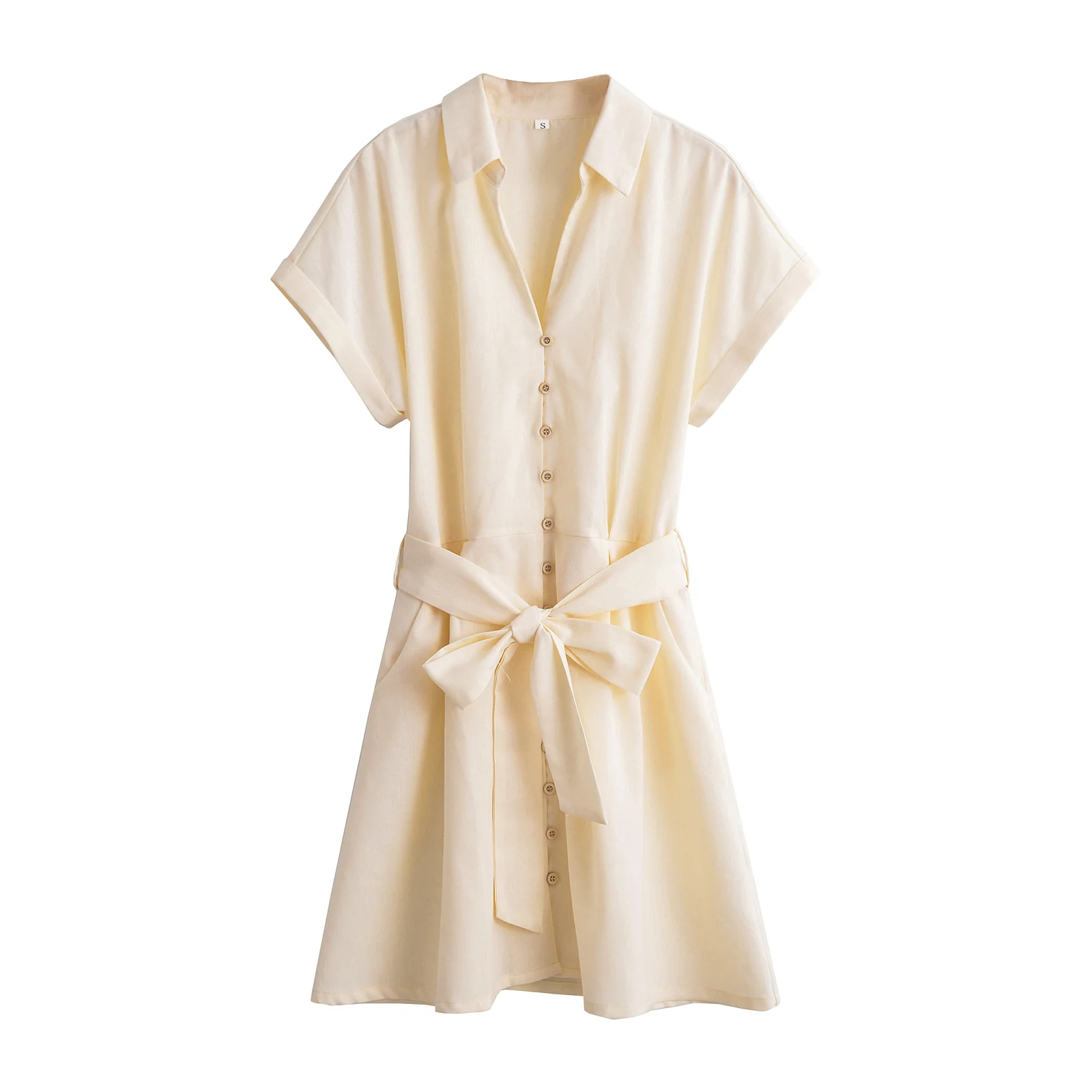 

2024 Summer New French Simple V-neck Short Sleeve With Belt Linen Blend Mini Shirt Dress