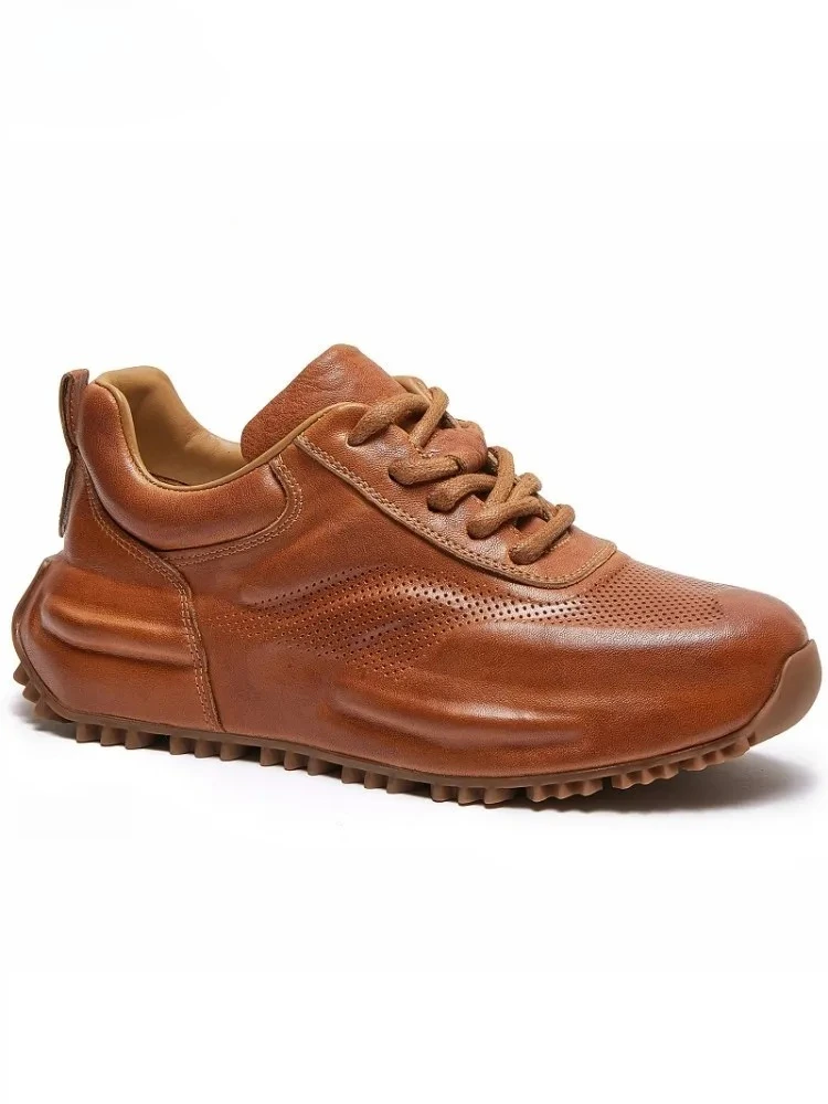 

2026 model genuine leather casual shoes, round-toe, lace-up, retro design, thick sole, comfortable
