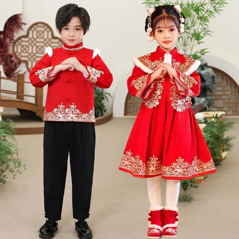 

Зимняя детская новогодняя одежда Hanfu в китайском стиле на осень и зиму в древнем стиле для девочек, средняя и старшая