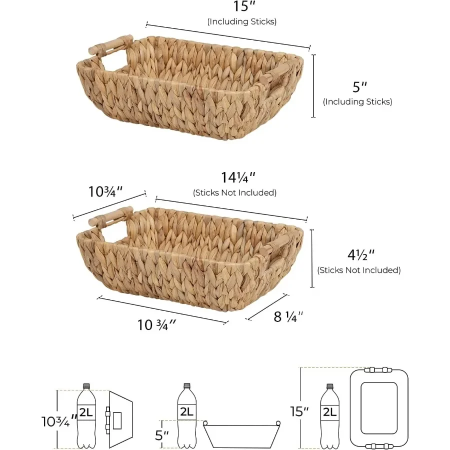 Hand-Woven Large Storage Baskets 2-Pack, Wooden Handle Water Hyacinth Wicker Organizer for Home Decor & Closet