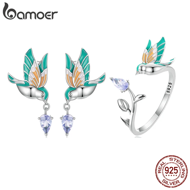 Bamoer 925 Sterling Silver Kingfisher Open Ring and Kingfisher Stud Earrings Colored Enamel Process Jewerly Set for Women Gift