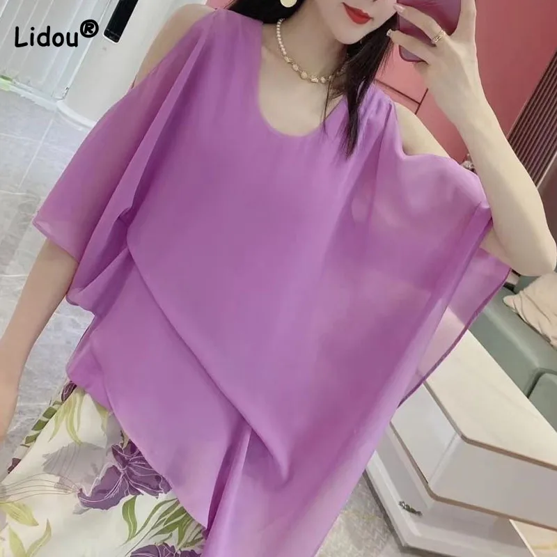 Trend All-match Solid Color Irregular Chiffon Blouse Summer Women\'s Clothing Off Shoulder Casual Round Neck Shirt for Female