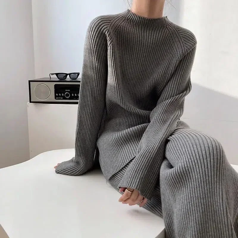 Femme Split Pullover Sweaters + Knit Wide-leg Pants 2PCS Autumn Winter Casual Knitted Sweater Suit French Women Thicken Outfits