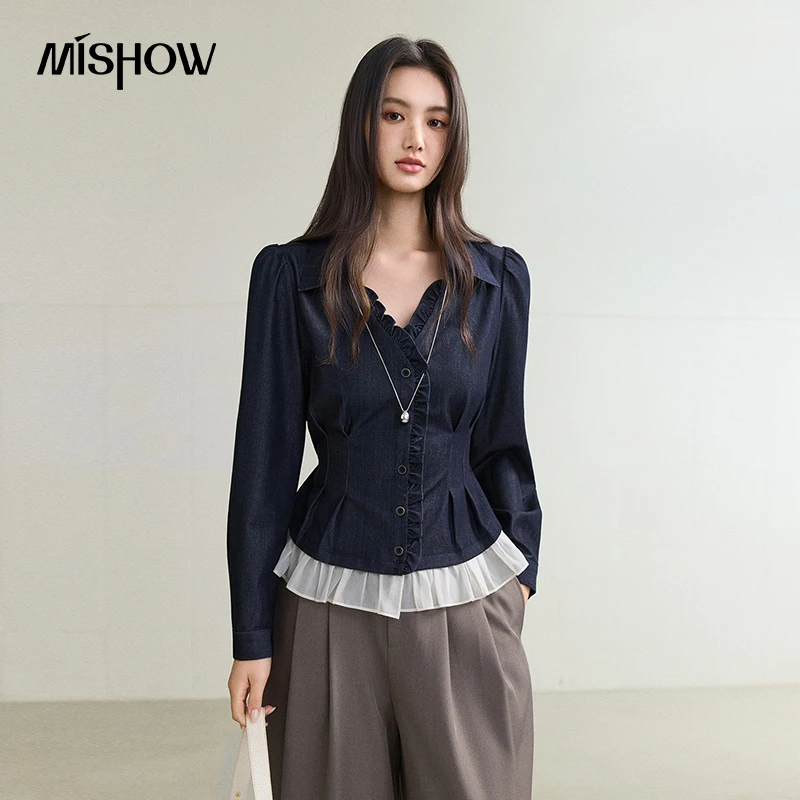 MISHOW Women's Blouse 2026 Fall New Ruffled Versatile Designer Fake Two-Piece Shirts Office Commuter Long Sleeve Tops MXF46C2585