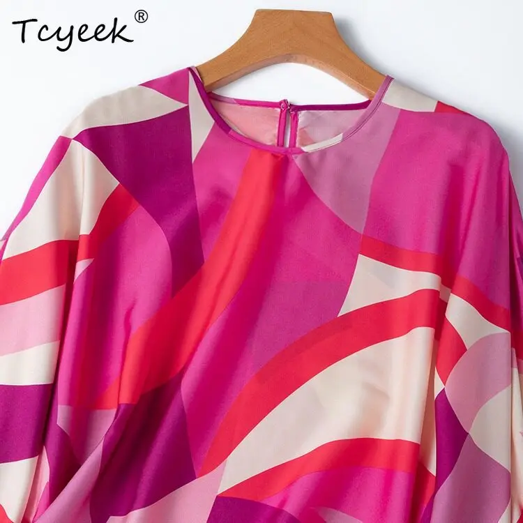 Tcyeek 93% Real Silk Women Shirts 2026 Spring Summer Elegant Stretch Color Blocking Loose Top Clothes for Ladies Tops De Mujer