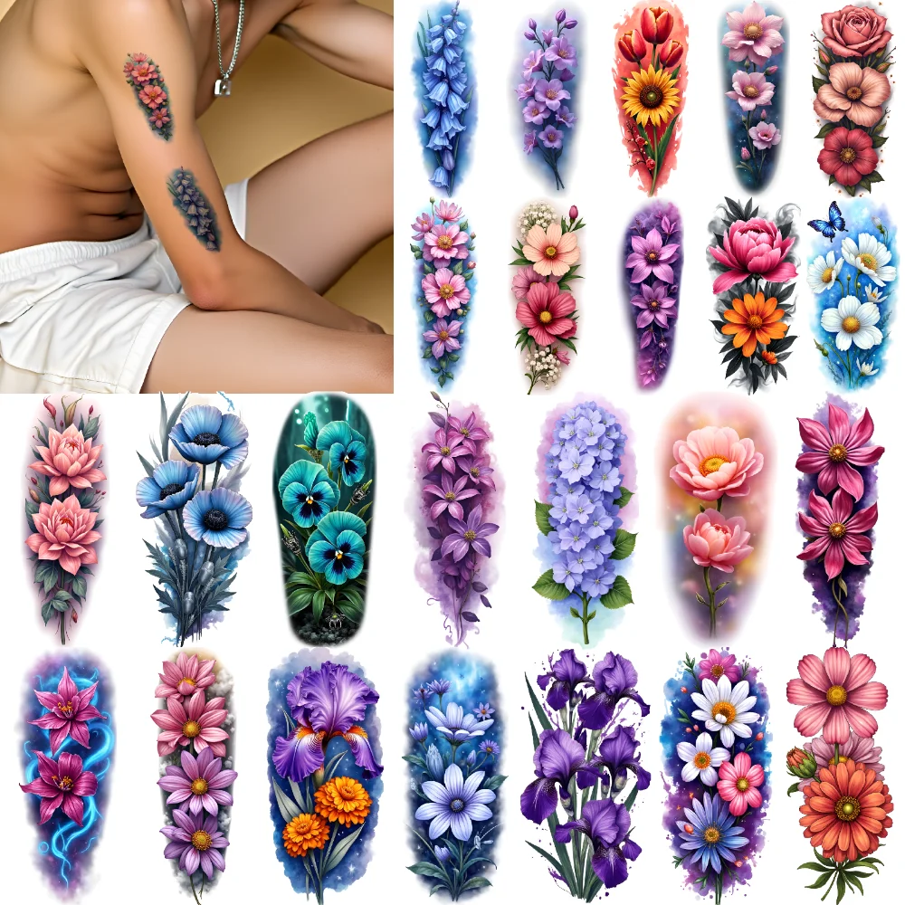 

9pcs Temporary Tattoo Roses Waterproof Long-lasting Body Stickers Tulips Lilies Colorful Realism Butterflies For Back